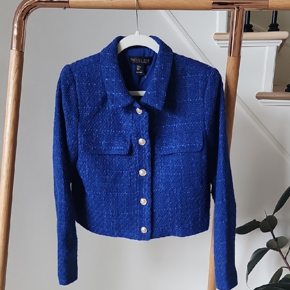 Rachel Zoe Women's Blue Tweed Cropped Jacket Size M
